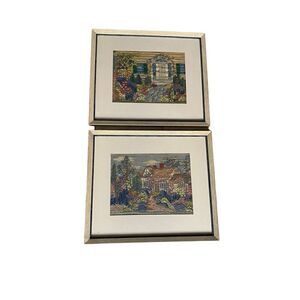 Vintage Pair Handmaded Crewl Embroidery Cottage